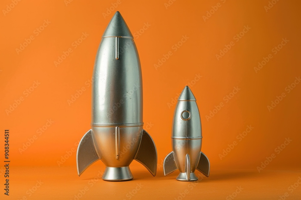 Wall mural two silver rocket ships flying in orange sky for space exploration and adventure concept