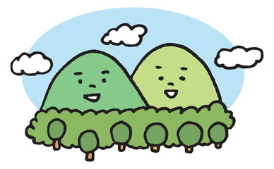 晴天の空の下寄り添うかわいい山のキャラ素材