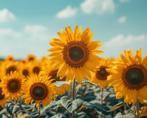 Obraz premium A bright sunflower field under a clear blue sky with vibrant yellow blooms stretching to the horizon, Photography, High saturation, Cheerful atmosphere