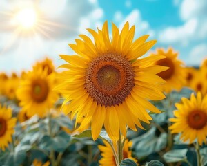 Obraz premium A bright sunflower field under a clear blue sky with vibrant yellow blooms stretching to the horizon, Photography, High saturation, Cheerful atmosphere
