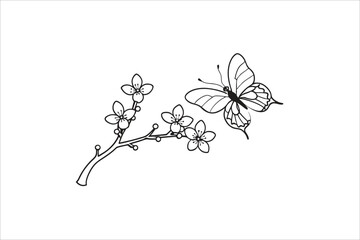  Butterfly and Cherry flower outline illustration line art drawing coloring book pages for children and adults