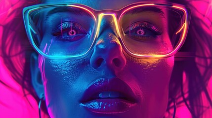 Fashionable woman with glasses on neon pink and blue background with face silhouette in foreground