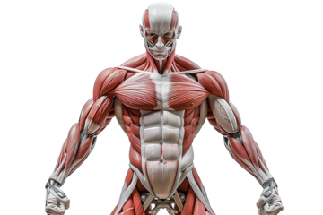 Bodybuilder showing internal muscle anatomy isolated on transparent background