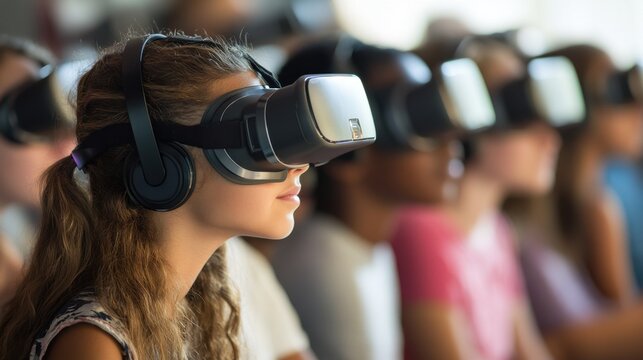A classroom filled with students using VR headsets, exploring a virtual world, guided by a teacher who is facilitating the experience, demonstrating the integration of emerging technologies in