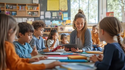 A vibrant classroom filled with diverse students and teachers, engaged in a variety of learning activities, from reading and writing to using digital devices, representing the inclusive and universal