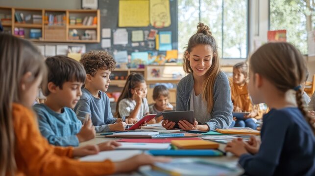 A vibrant classroom filled with diverse students and teachers, engaged in a variety of learning activities, from reading and writing to using digital devices, representing the inclusive and universal