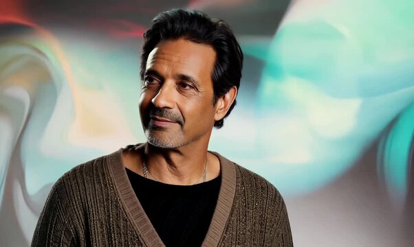 Portrait of a Brazilian man in his 40s in an abstract background wearing a chic cardigan