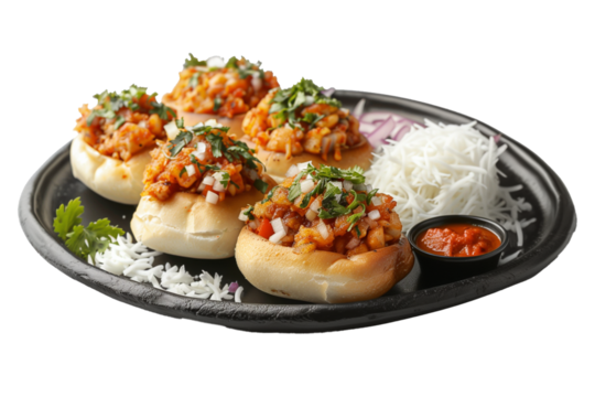 Cheese vada pav on black plate isolated on transparent background