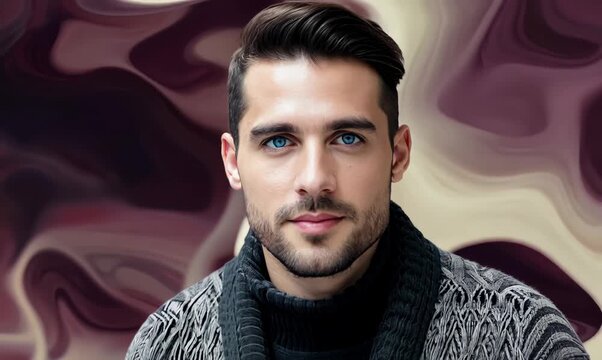 Portrait of a Russian man in his 30s in an abstract background wearing a chic cardigan