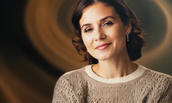 Portrait of a Brazilian woman in her 40s in an abstract background wearing a cozy sweater