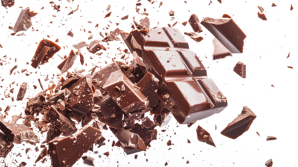 Falling chocolate bar with flakes floating in the air isolated on transparent background