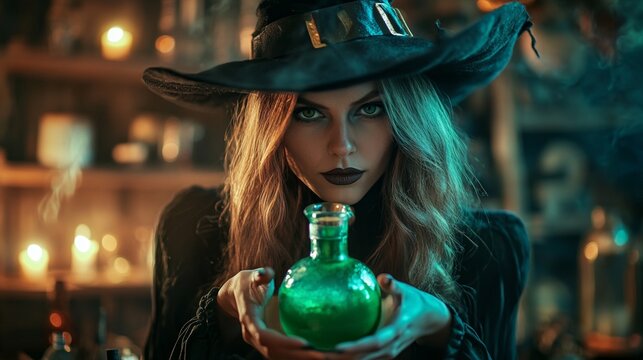 Witch with green potion. Halloween theme