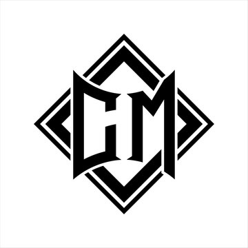 recommend clip art: CM Letter logo with abstract shield shape with square black outline on white background design