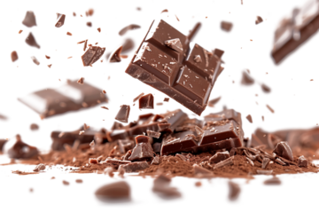 Falling chocolate bar with flakes floating in the air isolated on transparent background