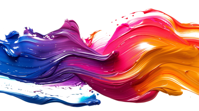 Colorful dynamic brush paint swirls create abstract waves on transparent background