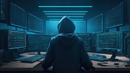 a masked hacker with multiple computer screens displaying codes and data
