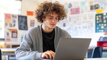 A young teacher sitting in a modern classroom, working on a laptop, with a whiteboard and educational posters in the background, highlighting the blend of traditional and digital teaching methods