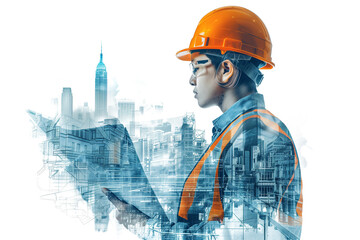 Construction engineer in double exposure above city and construction site isolated on transparent background