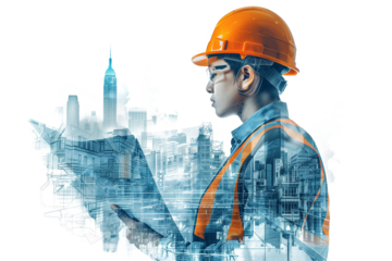 Construction engineer in double exposure above city and construction site isolated on transparent background