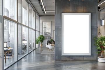 White blank vertical frame mockup of company branding on modern business office background