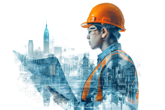 Construction engineer in double exposure above city and construction site isolated on transparent background