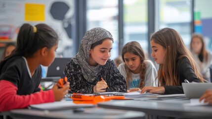 Obraz premium A vibrant and inclusive classroom where students of various backgrounds are engaged in a collaborative project, with a teacher facilitating and encouraging discussion, showcasing the dynamic nature