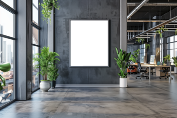 White blank vertical frame mockup of company branding on modern business office background