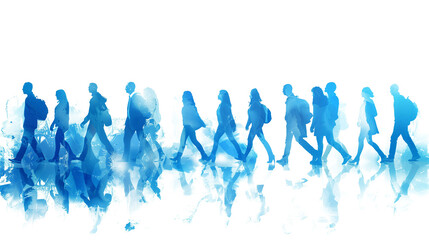 Blue silhouette of crowd of people walking on transparent background
