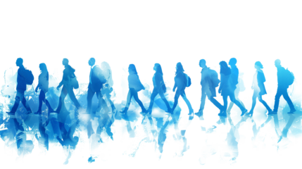 Blue silhouette of crowd of people walking on transparent background