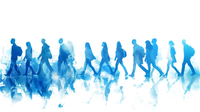 Blue silhouette of crowd of people walking on transparent background