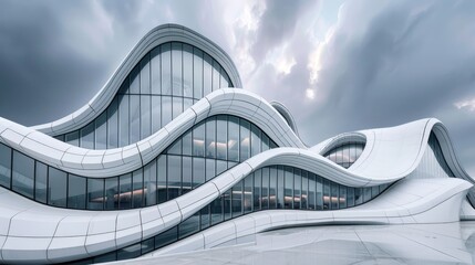Modern museum with flowing lines and reflective surfaces