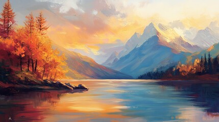 Serene Mountain Landscape - Oil Painting Mural Art with Trees in Majestic Wild Nature Scene, Artistic Illustration for Wallpaper Design