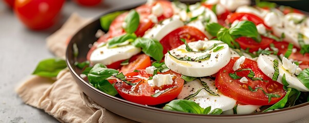 Caprese salad with mozzarella, tomatoes, and basil, served for breakfast, Italian cuisine