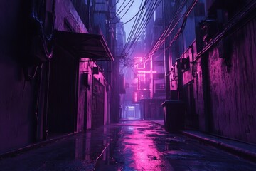 Neon Glow in the City Underbelly: Eerie Cyberpunk Alleyway with Vibrant Lights.