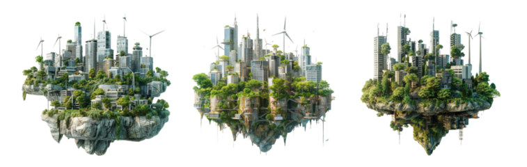 Floating Cities Isolated on Transparent Background
