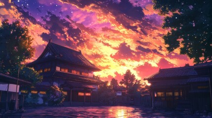 Fototapeta premium Tranquil Anime Sunset: Traditional Japanese House with Galactic Sky Wallpaper