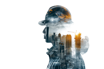 Double exposure of construction worker wearing safety helmet with urban skyline isolated on transparent background