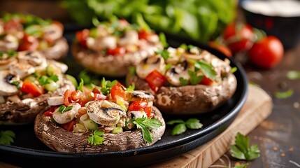 Traditional Italian breakfast of vegetablestuffed mushrooms and a fresh salad