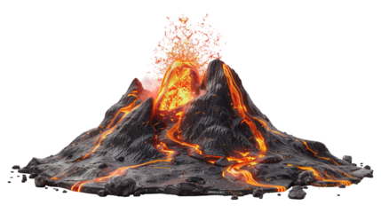 Volcanic eruption with flowing lava isolated on transparent background