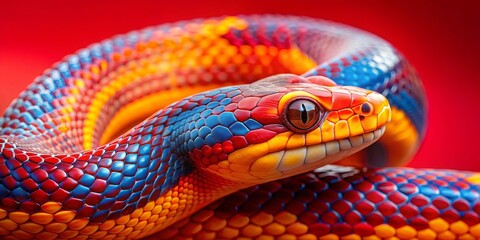 Obraz premium Vibrant close-up of a colorful snake with yellow, orange, and blue scales against a red background, snake, vibrant