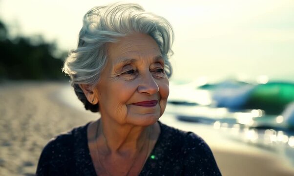 Portrait of an elderly woman on the seashoreSelective focus.