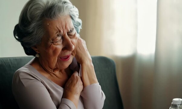Senior woman suffering from stomach acheHealth care and medicine concept.