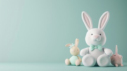 Fototapeta premium Three cartoon bunnies on a green background.