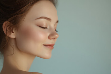 A close up of a girl's face with her eyes closed