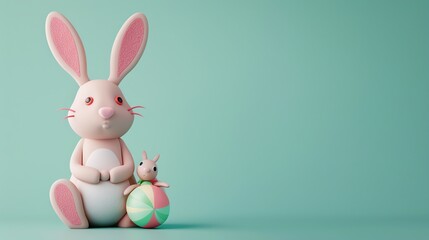 Fototapeta premium A cute pink cartoon bunny sitting next to a colorful ball, on a blue background.