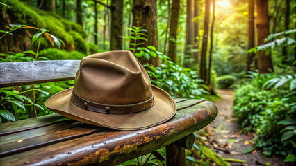 Brown leather ranger hat lies alone on a weathered wooden bench surrounded by lush green forest foliage and vines in a serene wilderness setting.