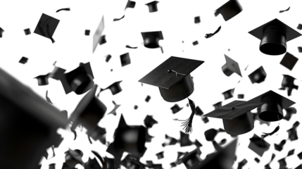 Black graduation cap falling floating isolated on transparent background
