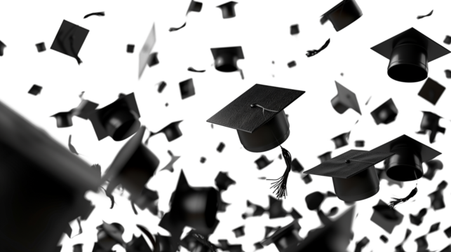 Black graduation cap falling floating isolated on transparent background