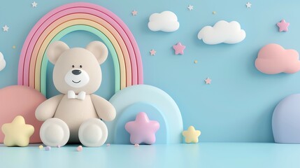 A cute teddy bear sitting in front of a rainbow on a blue background with clouds and stars.