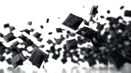 Black graduation cap falling floating isolated on transparent background